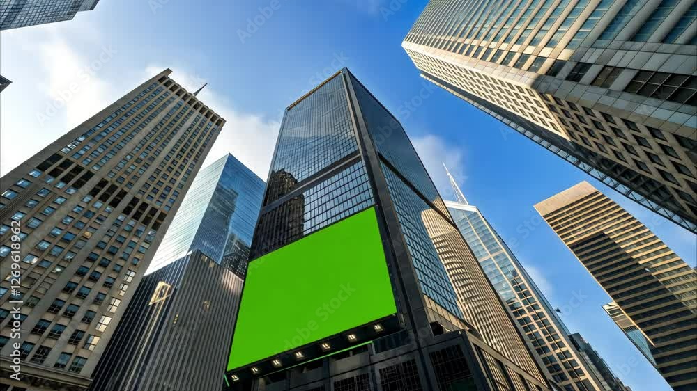 Blank green square among tall glass skyscrapers in a modern city, viewed from a low angle against a bright blue sky Blank green square among tall glass skyscrapers in a modern city, viewed from a low angle against a bright blue sky
