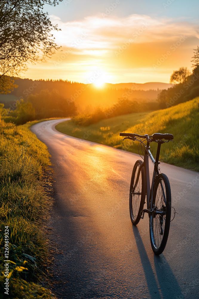 Obraz premium Peaceful countryside bike ride along a quiet, winding road, with the golden light of the setting sun creating long shadows and a warm atmosphere Generative AI