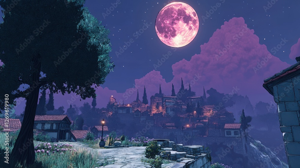 Naklejka premium Nighttime Village Scene Underneath a Pink Moon