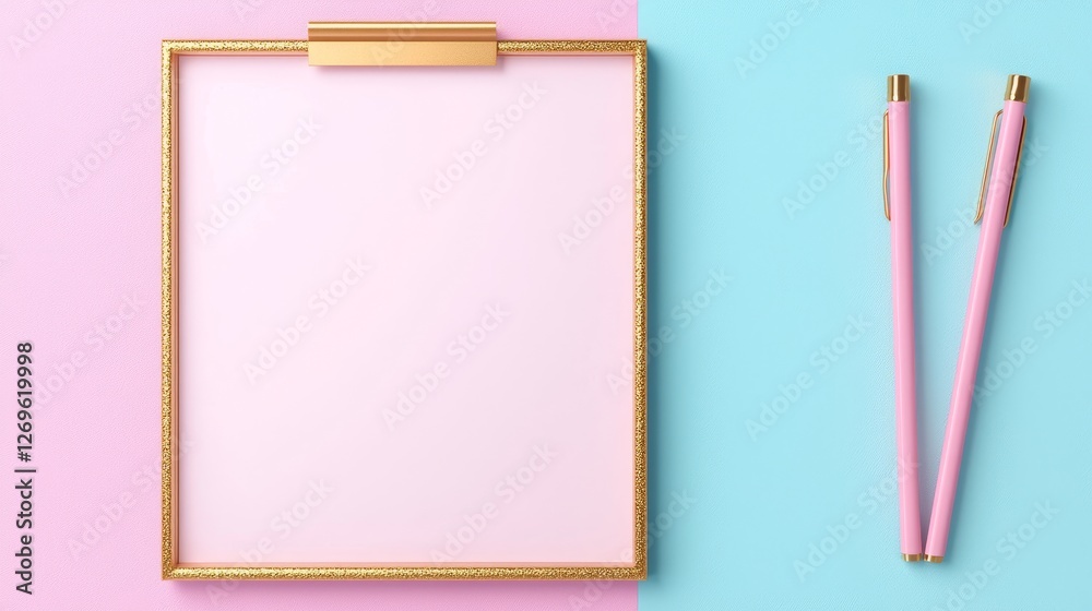 Creative workspace setup blank frame and pink pens on pastel background modern aesthetic flat lay view Creative workspace setup blank frame and pink pens on pastel background modern aesthetic flat lay view