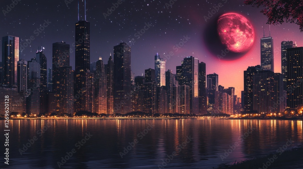 Fototapeta premium Cityscape at Night Underneath a Crimson Moon