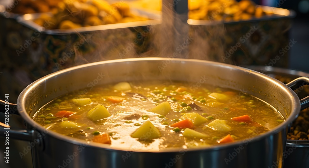 Steaming Vegetable Soup Cooking in Large Pot with Other Foods Steaming Vegetable Soup Cooking in Large Pot with Other Foods