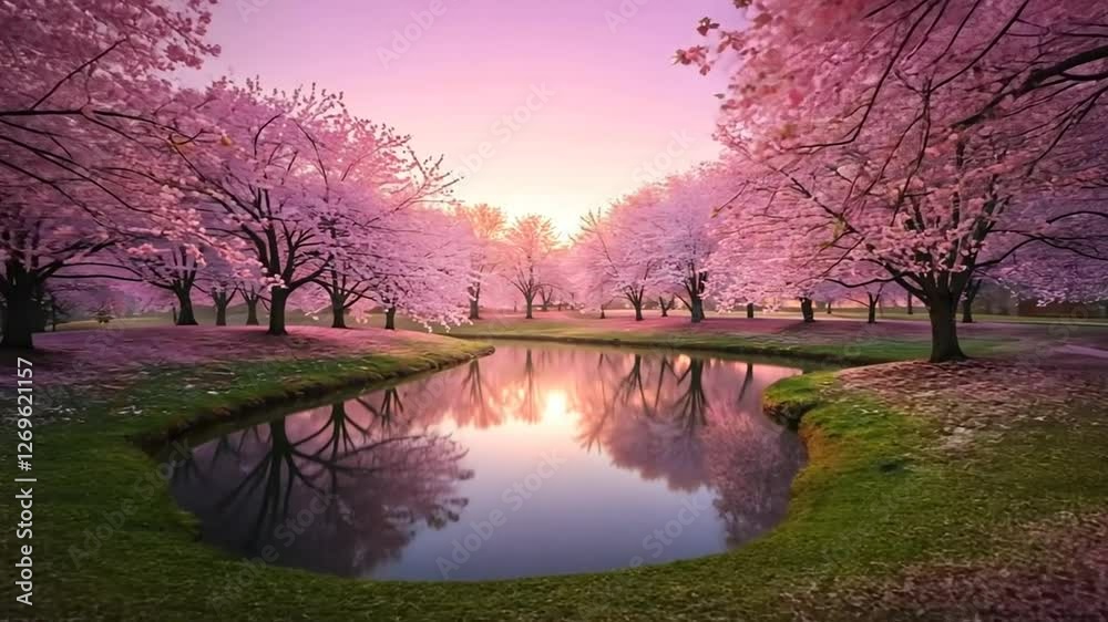 Flowering Cherry Trees Reflecting in Pond Spring Blossom Scenic View Flowering Cherry Trees Reflecting in Pond Spring Blossom Scenic View
