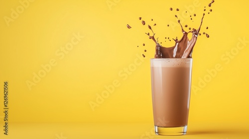 Chocolate milk splash captured against a vibrant yellow background highlighting tasty beverage