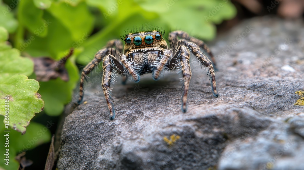 Obraz premium Detailed Macro Shot of a Jumping Spider's Face in Nature Setting