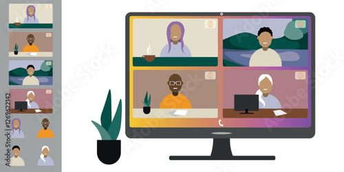 Video call conference, working from home. Colleagues of different nationalities and ages talk to each other on computer screen. Isolated illustration on white background in flat style trendy colors