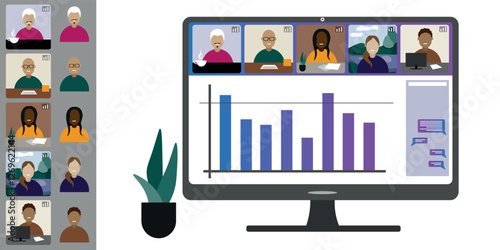 Video call conference, working from home. Colleagues of different nationalities and ages talk to each other on computer screen. Isolated illustration on white background in flat style trendy colors