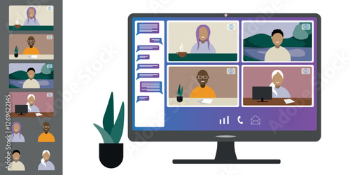 Video call conference, working from home. Colleagues of different nationalities and ages talk to each other on computer screen. Isolated illustration on white background in flat style trendy colors