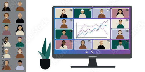 Video call conference, working from home. Colleagues of different nationalities and ages talk to each other on computer screen. Isolated illustration on white background in flat style trendy colors