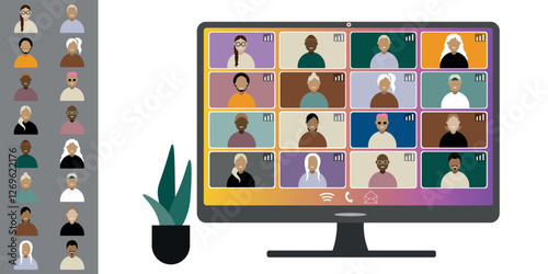 Video call conference, working from home. Colleagues of different nationalities and ages talk to each other on computer screen. Isolated illustration on white background in flat style trendy colors