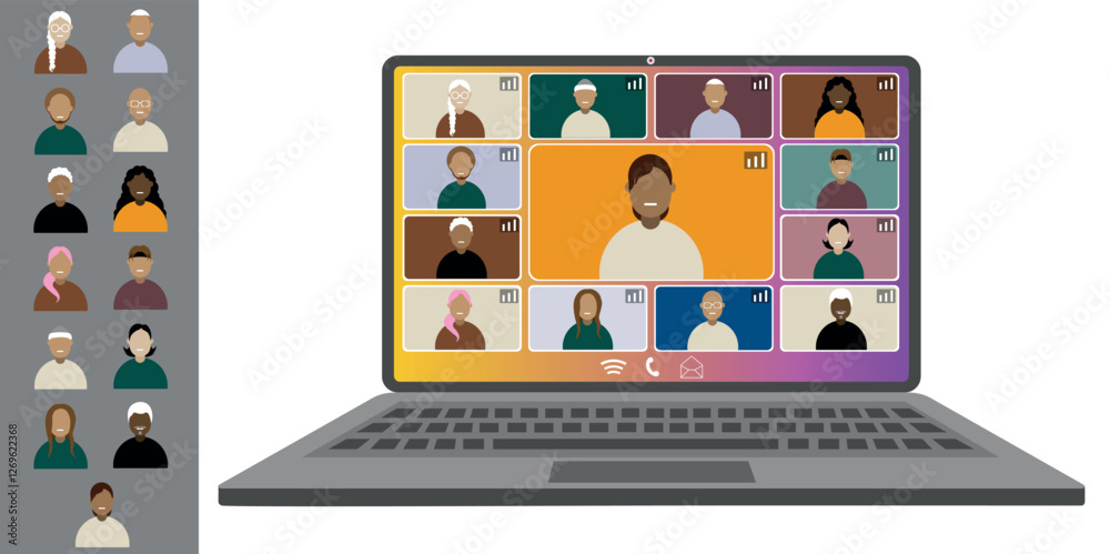 Video call conference, working from home. Colleagues of different nationalities and ages talk to each other on the laptop screen. Isolated illustration on white background in flat style trendy colors Video call conference, working from home. Colleagues of different nationalities and ages talk to each other on the laptop screen. Isolated illustration on white background in flat style trendy colors