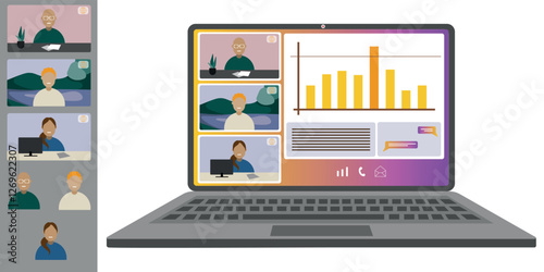 Video call conference, working from home. Colleagues of different nationalities and ages talk to each other on the laptop screen. Isolated illustration on white background in flat style trendy colors
