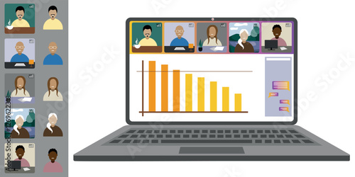 Video call conference, working from home. Colleagues of different nationalities and ages talk to each other on the laptop screen. Isolated illustration on white background in flat style trendy colors