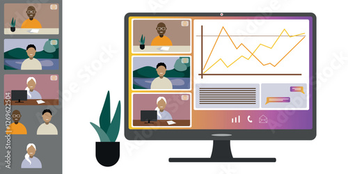 Video call conference, working from home. Colleagues of different nationalities and ages talk to each other on computer screen. Isolated illustration on white background in flat style trendy colors