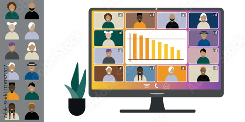 Video call conference, working from home. Colleagues of different nationalities and ages talk to each other on computer screen. Isolated illustration on white background in flat style trendy colors