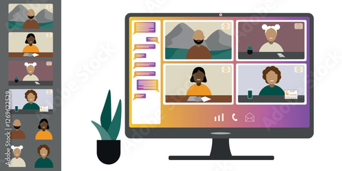 Video call conference, working from home. Colleagues of different nationalities and ages talk to each other on computer screen. Isolated illustration on white background in flat style trendy colors