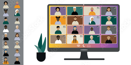 Video call conference, working from home. Colleagues of different nationalities and ages talk to each other on computer screen. Isolated illustration on white background in flat style trendy colors