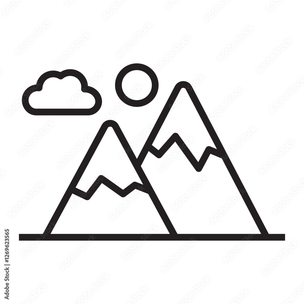 Mountain range icon with sun and clouds, nature and outdoor landscape symbol, black and white vector illustration isolated on white background. Mountain range icon with sun and clouds, nature and outdoor landscape symbol, black and white vector illustration isolated on white background.