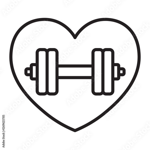 Fitness heart icon, health and workout training symbol, black and white vector illustration isolated on white background.