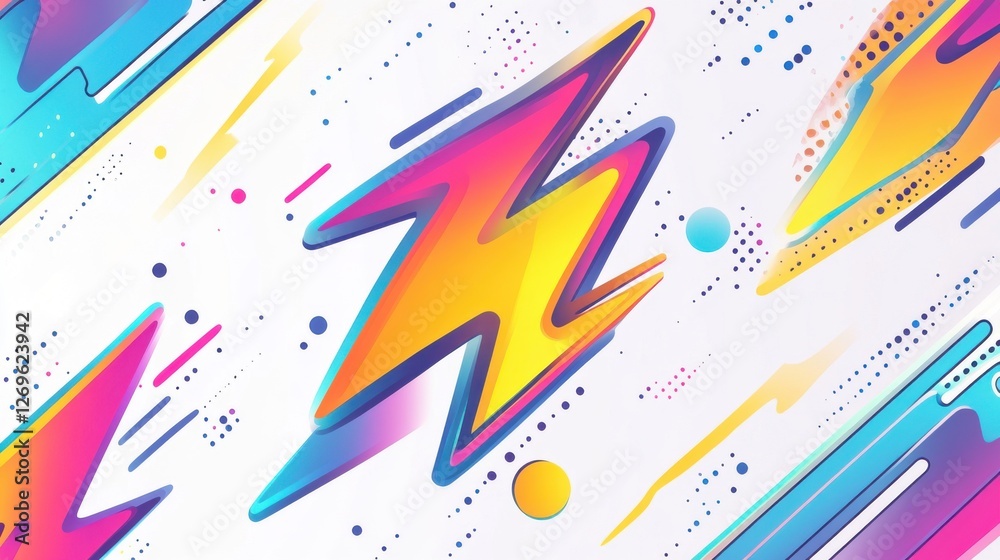 Dynamic Neon Lightning Bolt Patterns on White Background, Abstract Design, Digital Art, Modern Aesthetics, Vivid Colors