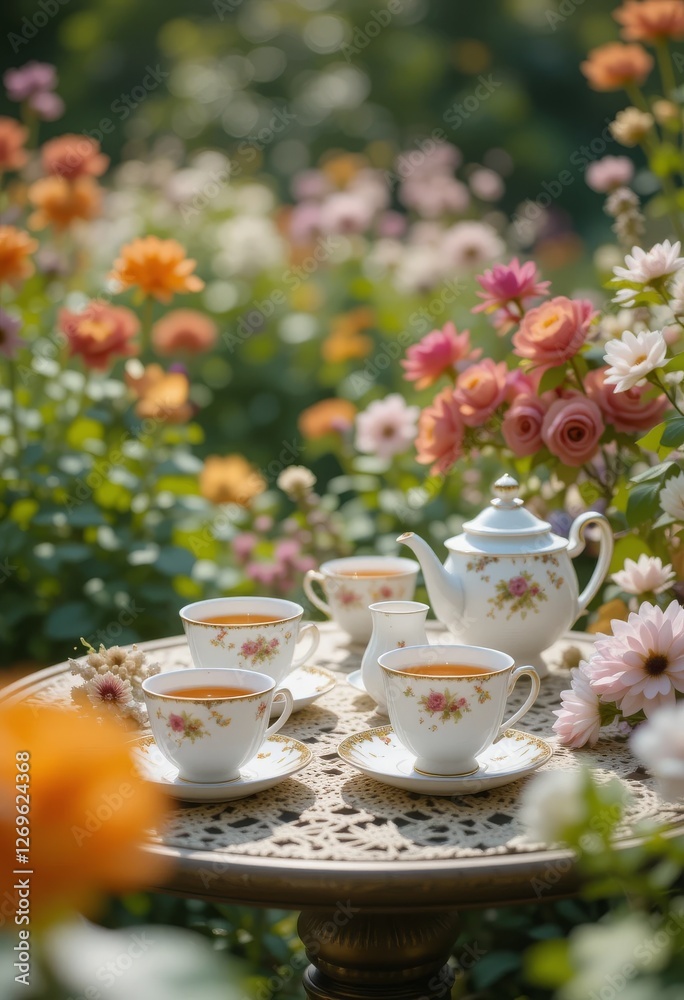 Beautifully set afternoon tea table in a lush garden, with delicate porcelain teacups, freshly brewed tea, and vibrant flowers in full bloom surrounding the scene Generative AI Beautifully set afternoon tea table in a lush garden, with delicate porcelain teacups, freshly brewed tea, and vibrant flowers in full bloom surrounding the scene Generative AI