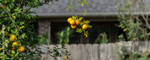 An Orange tree with fruit in house backyard