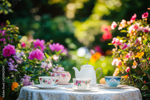 Beautifully set afternoon tea table in a lush garden, with delicate porcelain teacups, freshly brewed tea, and vibrant flowers in full bloom surrounding the scene Generative AI
