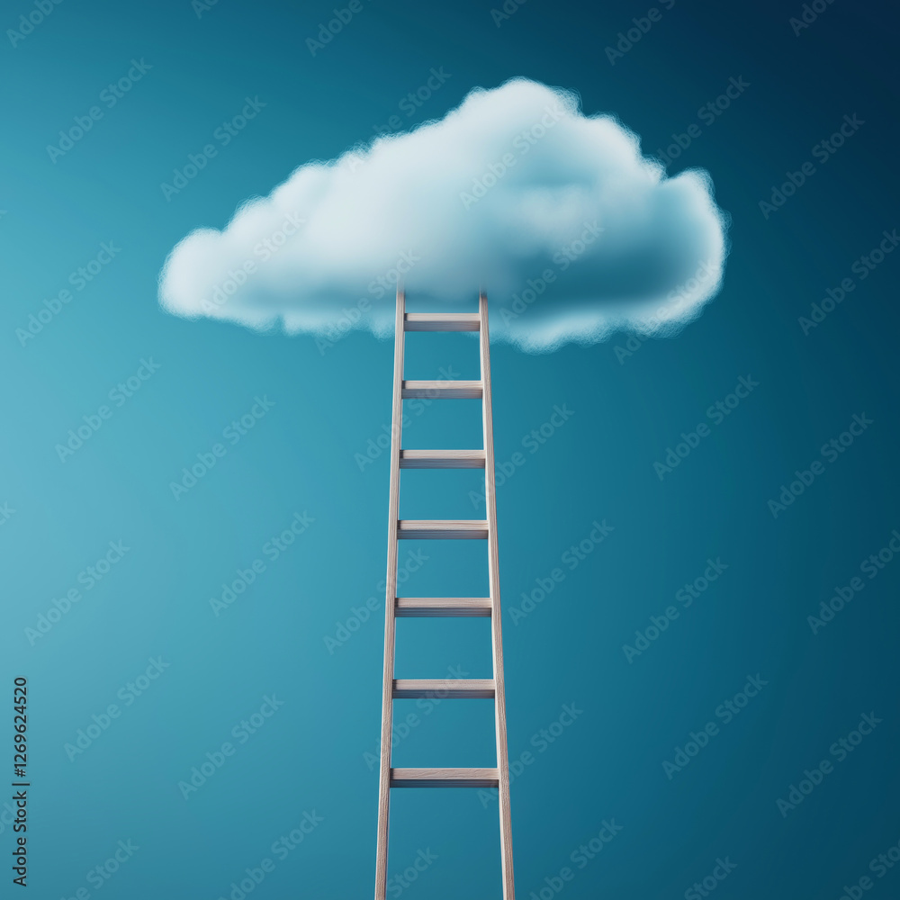 Wooden ladder reaching a fluffy white cloud against a teal backdrop, symbolizing ambition, achievement, and the pursuit of dreams Wooden ladder reaching a fluffy white cloud against a teal backdrop, symbolizing ambition, achievement, and the pursuit of dreams
