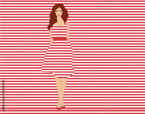A young woman is dressed in a red and white striped dress that matches the red and white background.