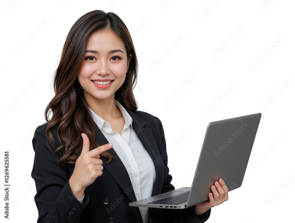 businesswoman with a laptop and pointing at copy space on transparent PNG background.