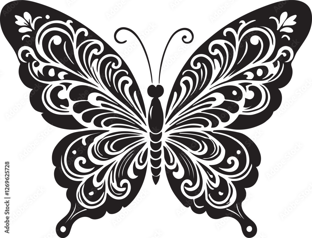 a black and white butterfly with swirls on it a black and white butterfly with swirls on it