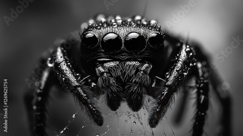 Macro Shot of Dew Droplets on Orb Weaver Spider in Black and White photo