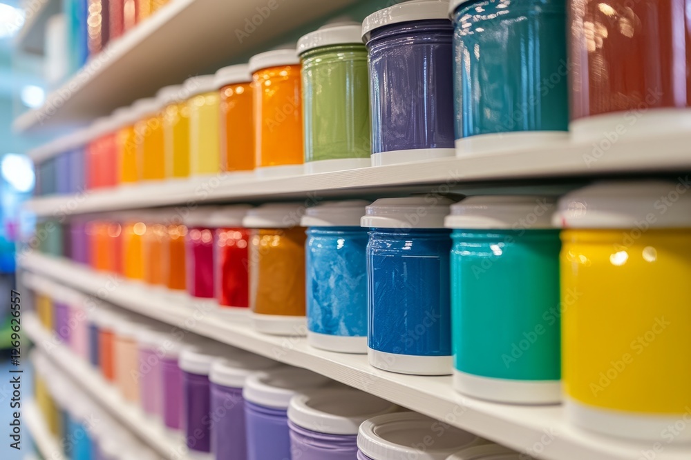 Many paint cans with various colors are neatly arranged on shelves in a store, ready for customers to choose and buy Many paint cans with various colors are neatly arranged on shelves in a store, ready for customers to choose and buy