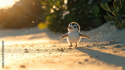 Cute baby penguin chick on sandy beach at sunset.