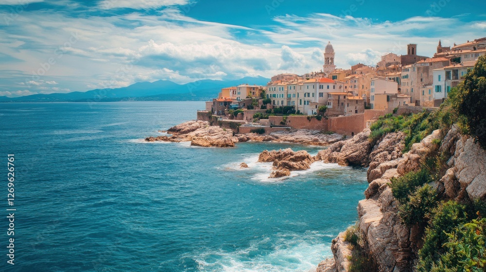 Scenic Coastal View of Colorful Houses Overlooking Tranquil Waters Scenic Coastal View of Colorful Houses Overlooking Tranquil Waters