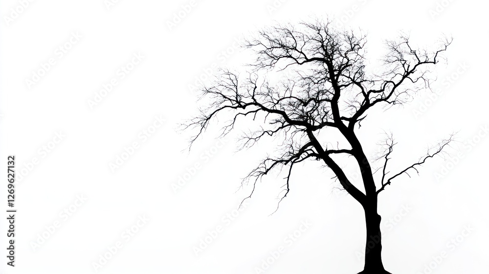 Bare Tree Silhouette Against Bright White Background in Winter Scene