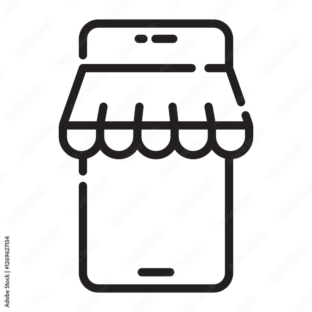 Online store mobile shopping outline icon, e-commerce and digital business symbol, black and white vector illustration isolated on white background.