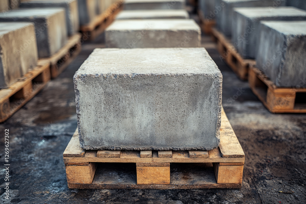 Large concrete blocks sit on wooden pallets, ready for use in a construction project, showcasing the raw materials of building Large concrete blocks sit on wooden pallets, ready for use in a construction project, showcasing the raw materials of building