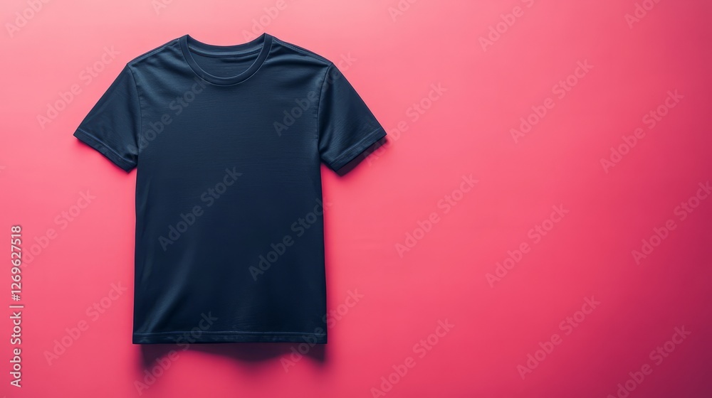 Plain navy t-shirt against a solid pink background, no shadows or sunlight, minimal look Plain navy t-shirt against a solid pink background, no shadows or sunlight, minimal look