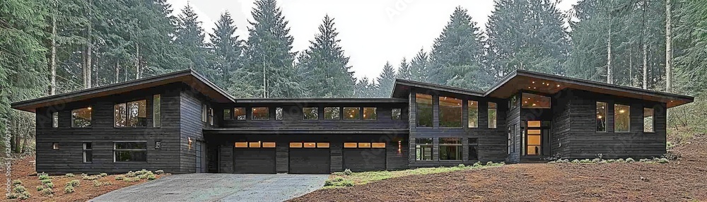 Luxury home nestled in forest. Modern design. Trees and driveway background. Real estate ads Luxury home nestled in forest. Modern design. Trees and driveway background. Real estate ads