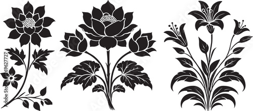 Vector black silhouettes of flowers isolated on a white background.