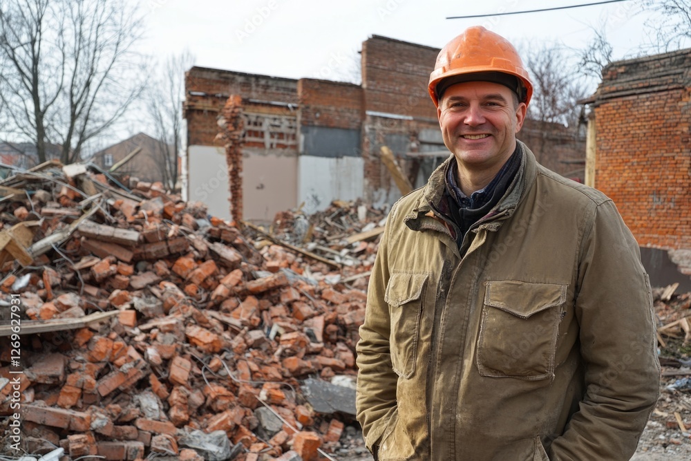 Demolition site supervisor smiles confidently amidst the rubble and debris of a demolished building Demolition site supervisor smiles confidently amidst the rubble and debris of a demolished building