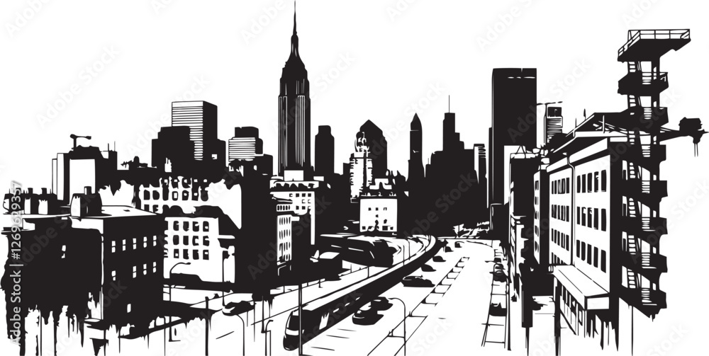 Obraz premium City landscape. Different buildings on street, outline cityscape hand sketch, flat houses. Hand drawn vector illustration