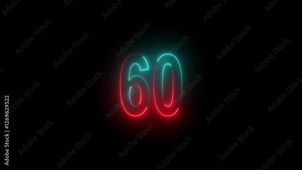 Abstract glowing neon text 60 number countdown icon. Neon numeric number 60 animation. Abstract glowing neon text 60 number countdown icon. Neon numeric number 60 animation.