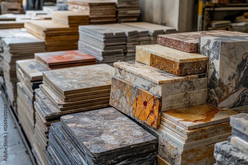 Stone slabs showcasing diverse colors and textures are neatly stacked, awaiting selection and use in construction or renovation projects Stone slabs showcasing diverse colors and textures are neatly stacked, awaiting selection and use in construction or renovation projects
