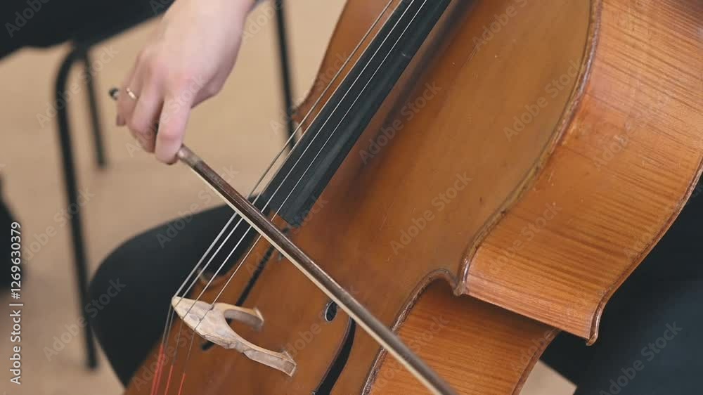 Close-up of string instruments elegant curves and craftsmanship. Instruments detail captures artistry and timeless beauty of classical music woman playing cello Classic musical instruments close up Close-up of string instruments elegant curves and craftsmanship. Instruments detail captures artistry and timeless beauty of classical music woman playing cello Classic musical instruments close up