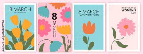 Spring flowers. 8 March, women's day, mother's day holiday cards set. Bright colorful botanical background, pattern. 