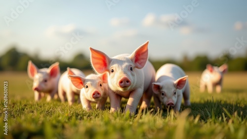 Wallpaper Mural Piglets nursing,  Field piglets feeding clear sky no blur photorealistic. Torontodigital.ca