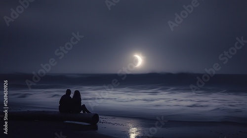 Couple silhouetted against a crescent moonset over ocean waves at night.