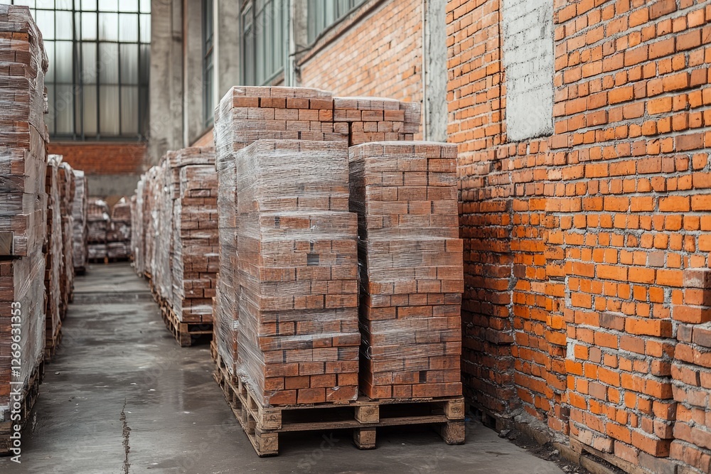 Red bricks wrapped in plastic film on wooden pallets in warehouse or factory Red bricks wrapped in plastic film on wooden pallets in warehouse or factory